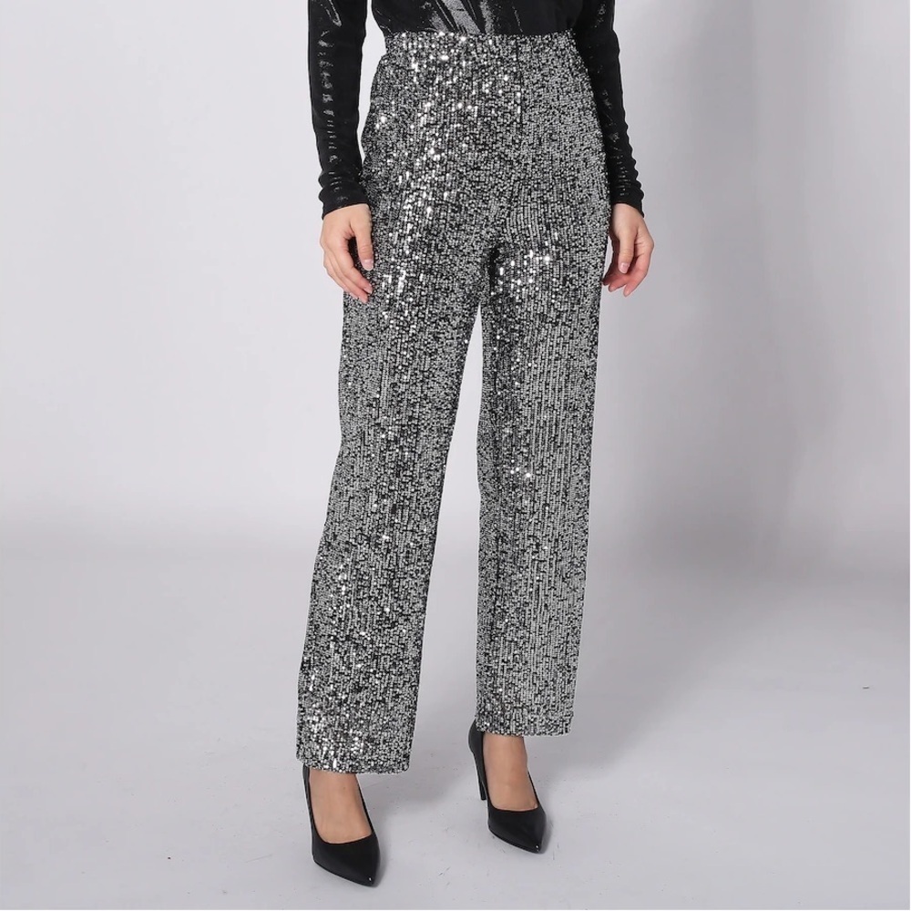 PARKER & ROWE Silver Chrome Sequin Wide Leg Pants Size Small NWT